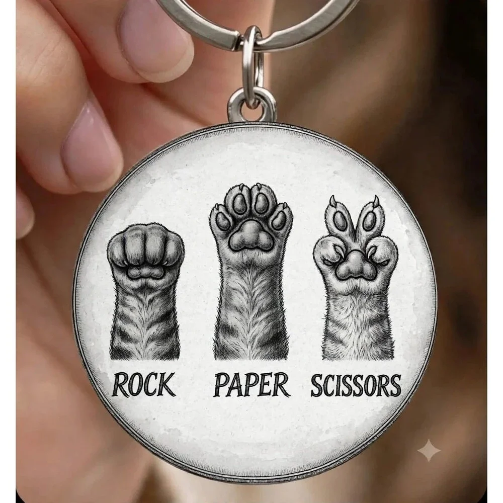 Animal Cat Dog Paw Hans Sign Stainless Keychain Kitty Puppy Art Rock Scissors